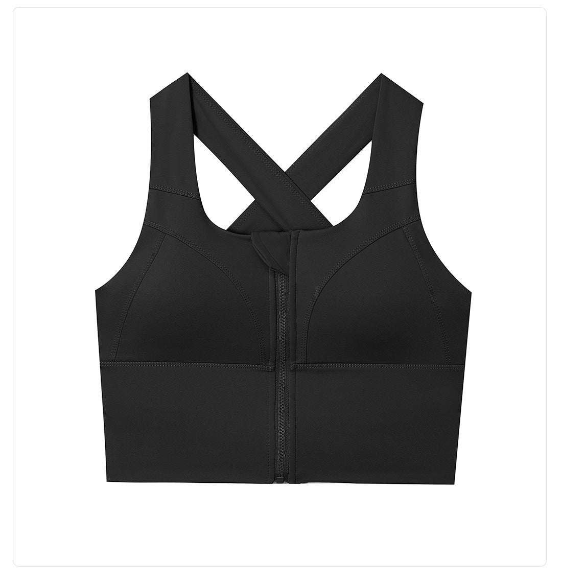 Black sports bra with criss-cross back design on a white background