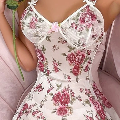 “Floral Nights: Sexy Strap Nightdress with Sheer Floral Lace Skirt – Lingerie for Women”