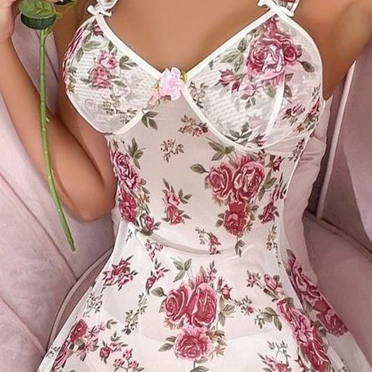 “Floral Nights: Sexy Strap Nightdress with Sheer Floral Lace Skirt – Lingerie for Women”