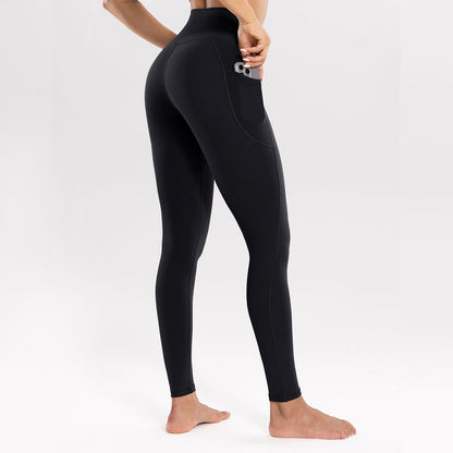 Black "Plus size model wearing high waist seamless quick‑dry yoga pants with side pocket"