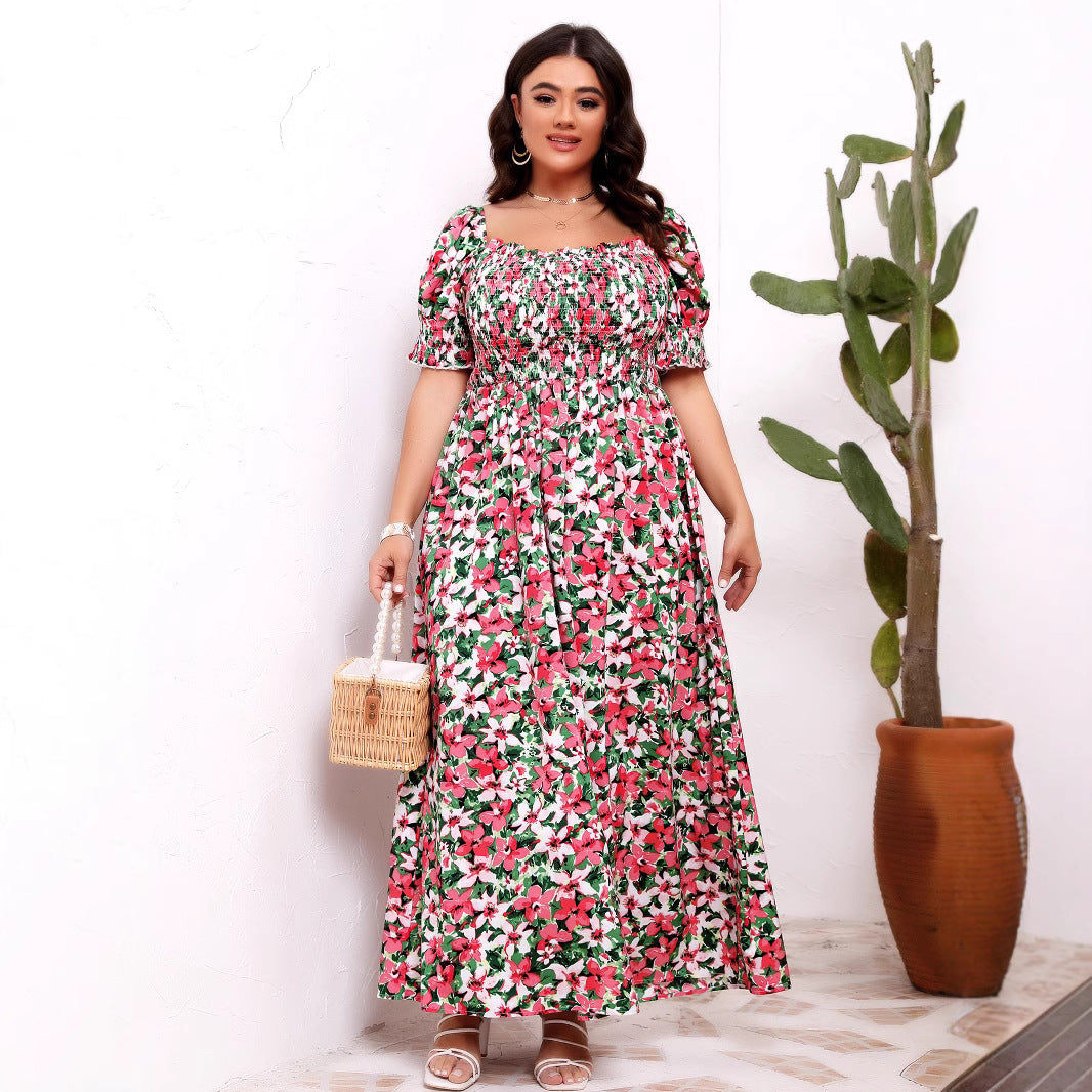 Plus Size Women Clothes Summer Floral off Shoulder Waist Slimming Dress