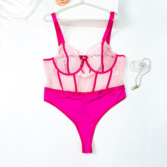 Plus size see through lace mesh jumpsuit on curvy woman