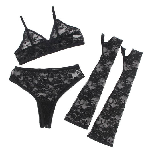 Black lace lingerie set with bra, panties, and leg warmers on a white background