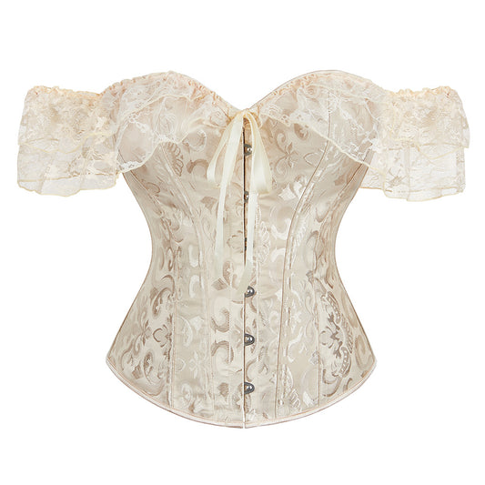Beige lace corset on a white background
