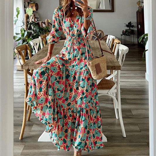 Autumn Women Clothing V neck Long Sleeve Printed Loose Midi Dress