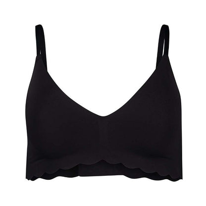 Black scalloped-edge bikini top on a white background