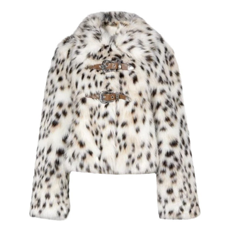 White fur coat with black spots on a white background
