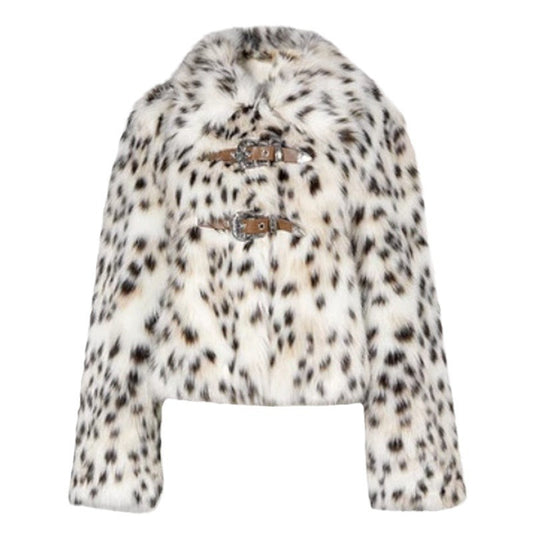 White fur coat with black spots on a white background