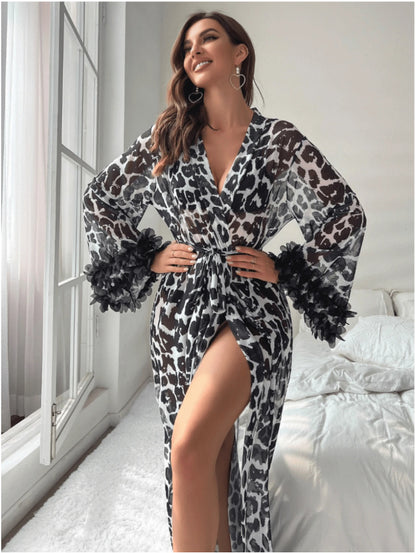 plus size leopard print transparent bathrobe with bell sleeves