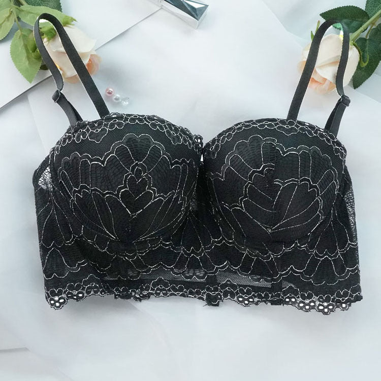 Black lace bra on a white background