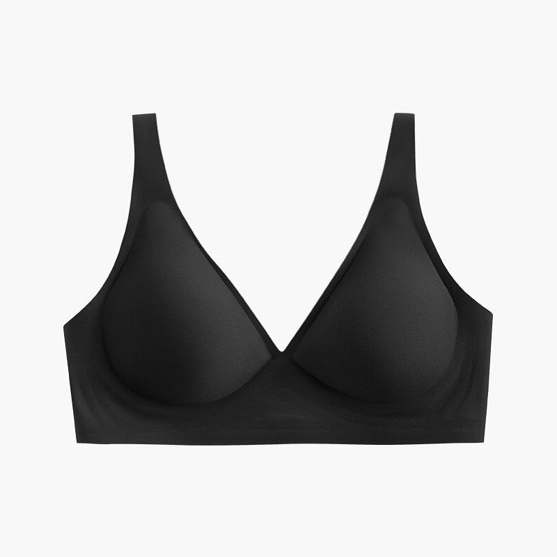 Black “Front view of plus size soft wireless bra with light support and natural shaping”