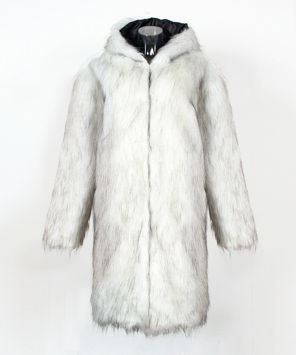 White fur coat with black interior lining on a white background