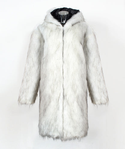 White fur coat with black interior lining on a white background