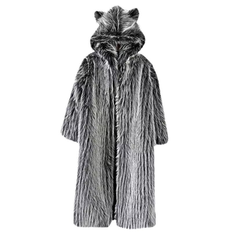 Fur coat with raccoon hood on a white background