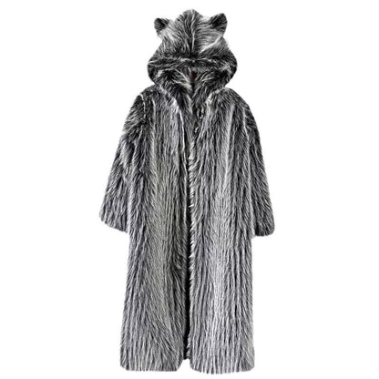 Fur coat with raccoon hood on a white background