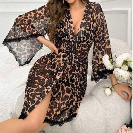 Plus Size Sexy Lingerie – Retro Bell Sleeve Thin Transparent Bathrobe for Curvy Women