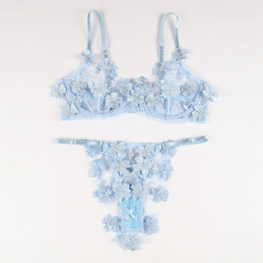 Light blue lace bra and panties set on a white background
