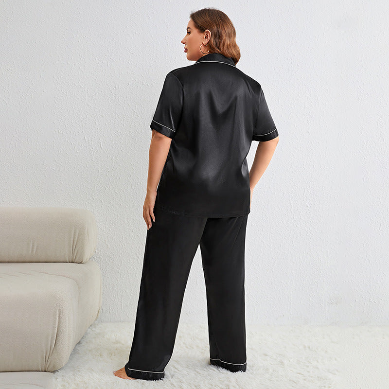Plus Size Satin Pajamas Set – Summer Silk-Feel Casual Shirt & Pants Homewear