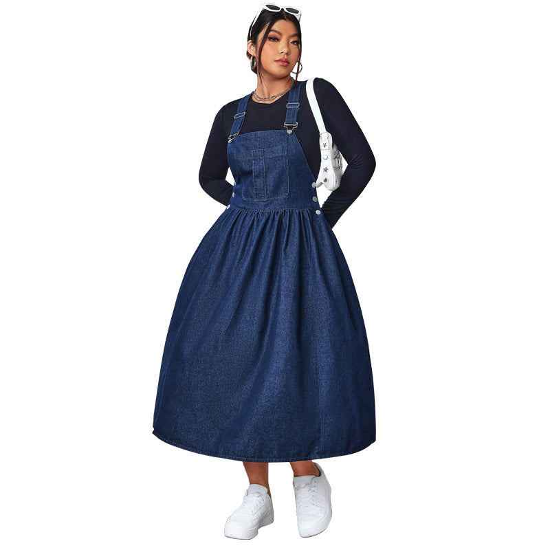 Navy Blue Plus size slimming large hem suspender dress 2025 fashion