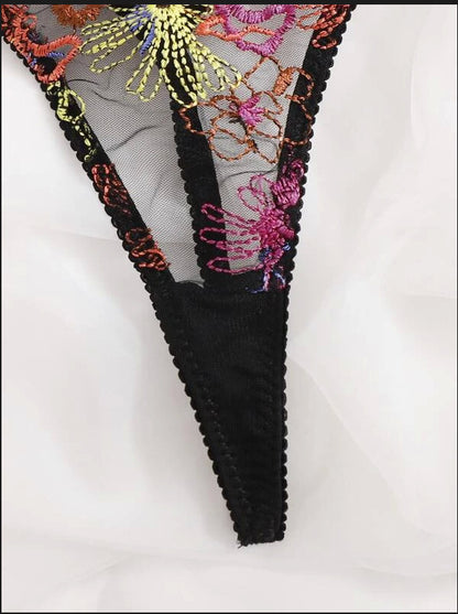 Black lace lingerie with colorful embroidery on a white background