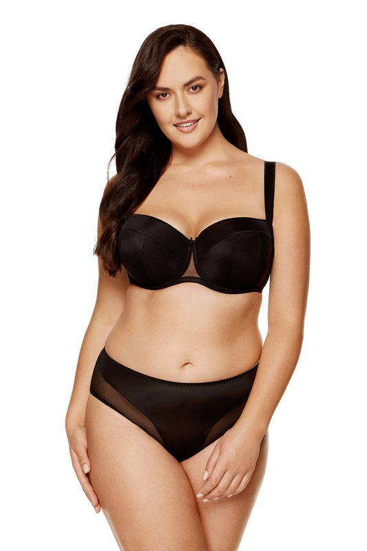 “Black padded bra with foam cups and smooth knit exterior”
