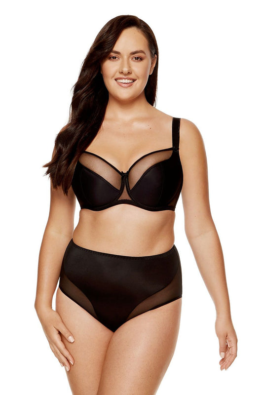 “Front view of soft black bra with knitted and tulle three-piece cups”