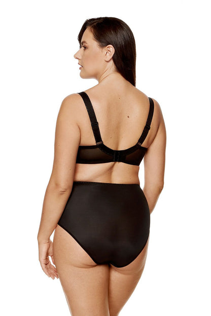 “Back view of soft black bra with reinforced tulle panel and wider straps”