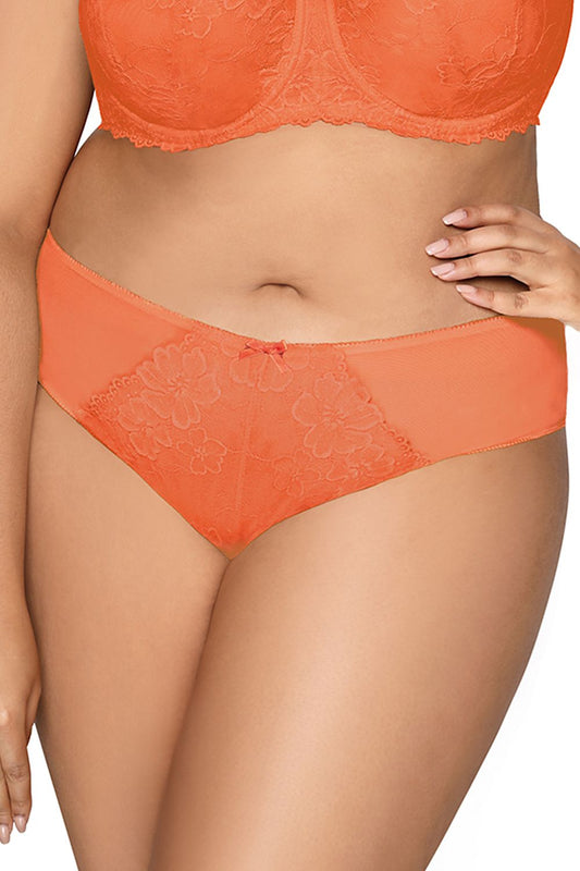 Plus size orange floral lace panties L–6XL – front view with tiny bow and lace details