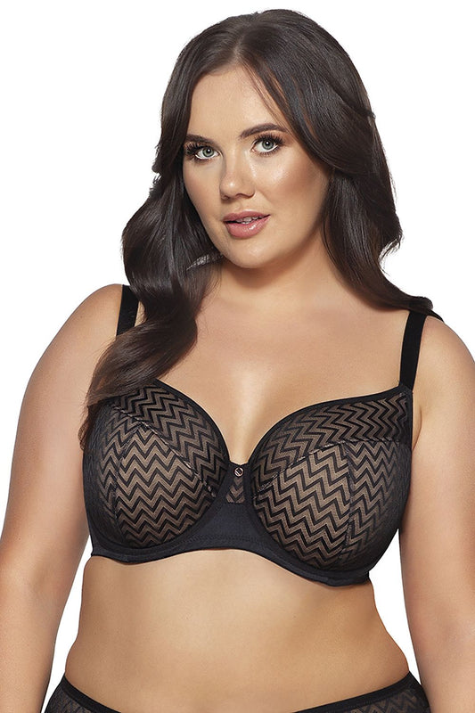 “Front view of Ava Innesa 2102 semi-padded plus size bra with beige and black zig-zag design”