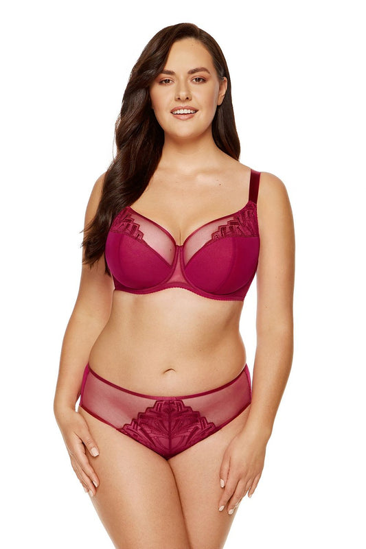 “Fuchsia Allure semi-padded bra with embroidered upper cups and corsetry foam lower cups, front view”