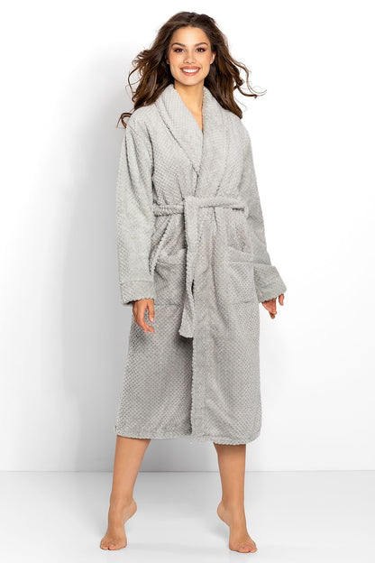Long elegant women’s bathrobe with shawl collar and cuffed sleeves