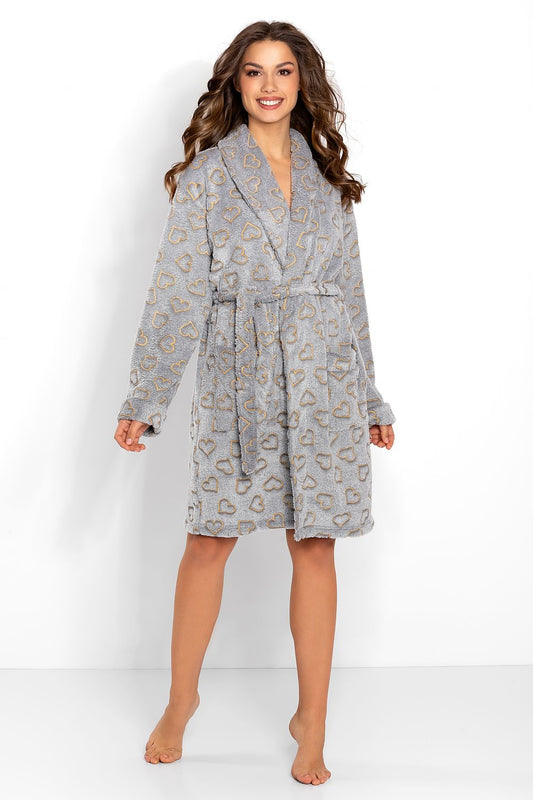 Grey women’s bathrobe with long sleeves and tie belt