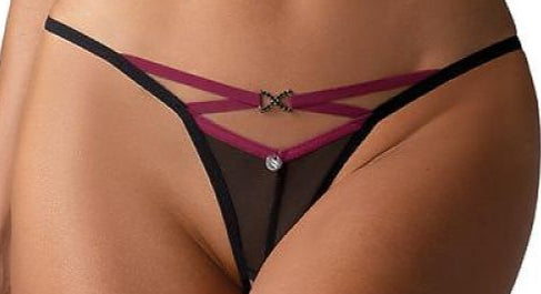 Plus size black minimalist thong with purple stripes and silver pendant