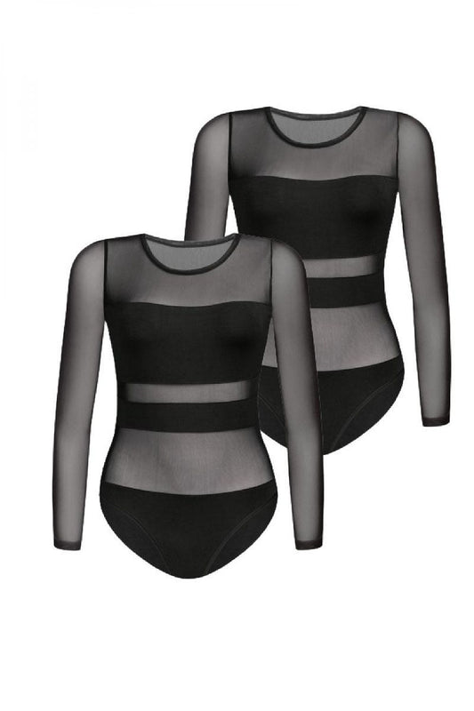 “Two-piece bodysuit set in viscose and mesh, front view showing sheer chest and waist panels”