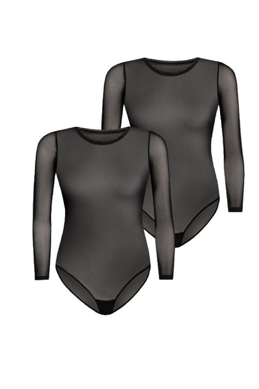 “Sheer black mesh bodysuit with structured semi-circular neckline and long fitted sleeves”
