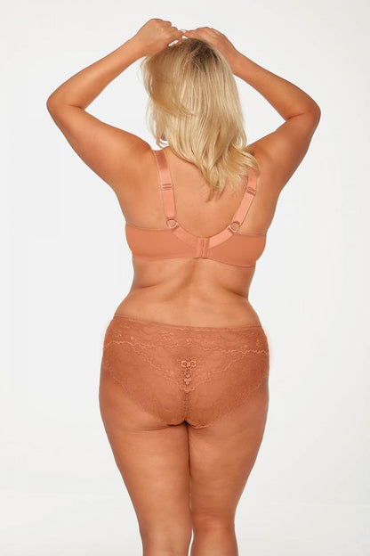 “Back view of apricot soft bra with adjustable straps 