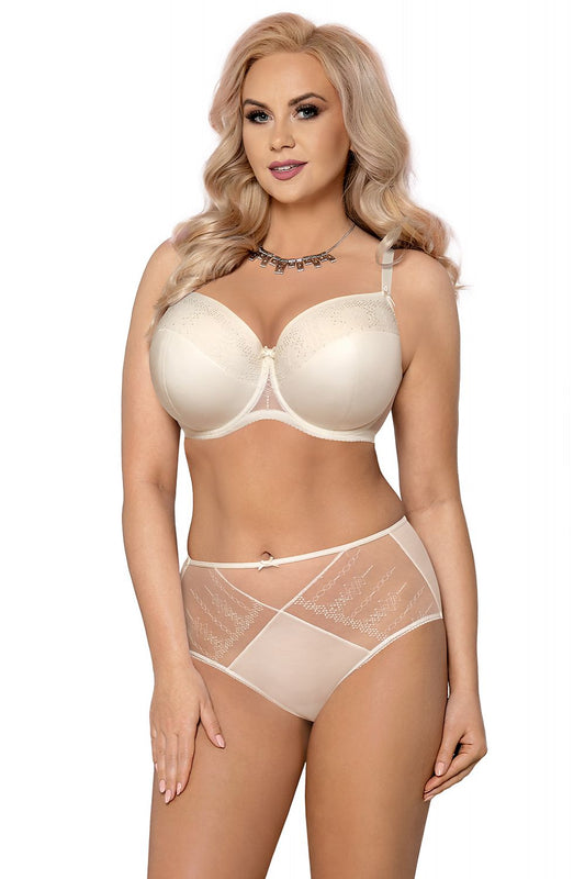 “Front view of embroidered bra with geometric patterns on soft knit fabric”