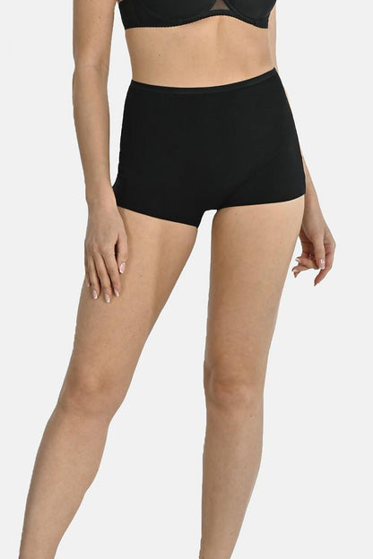 Women’s soft black boxer shorts with elastic waistband – side view.