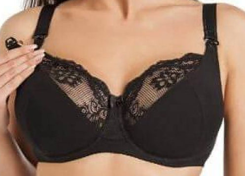 Black cotton nursing bra with underwire and floral lace cups
