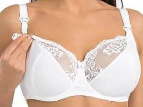 White cotton nursing bra with underwire and floral lace cups