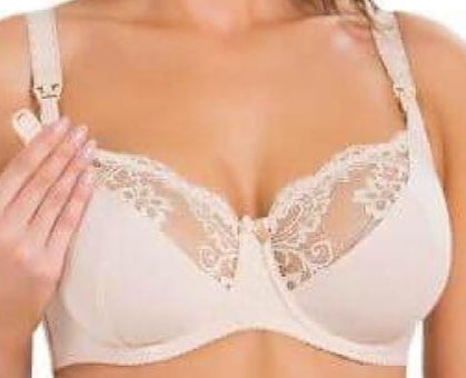 Beige cotton nursing bra with underwire and floral lace