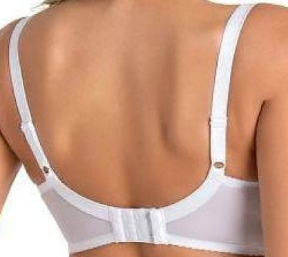 White nursing bra with vertical and horizontal cup cuts for lift and shape