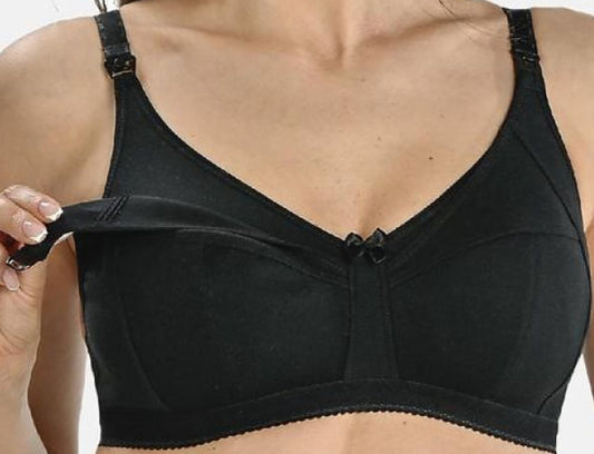 Black underwire-free nursing bra with adjustable straps
