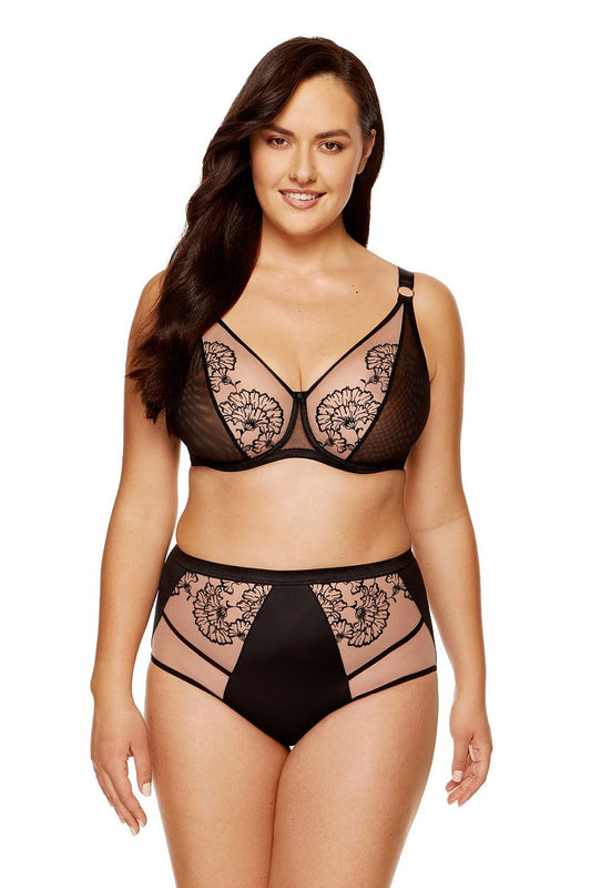 Elegant black and beige high-waisted panties with floral embroidery and mesh accents