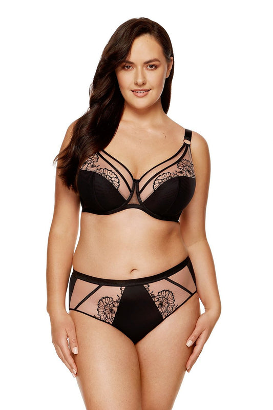 “Golden Mirage semi-soft bra with embroidered mesh upper cups and tulle-coated corsetry foam lower cups, front view”