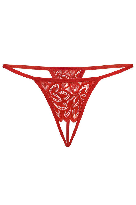 Plus size red lace open-crotch thong L–6XL – front view with triangle lace panel.