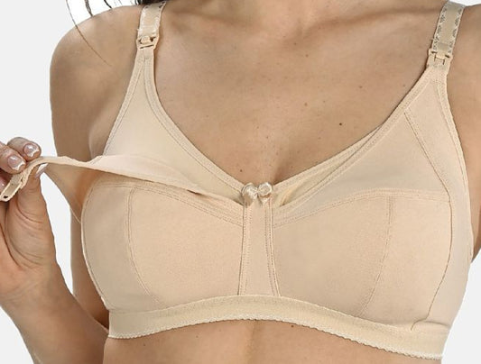 Stiffened lace nursing bra with convenient cup opening for breastfeeding