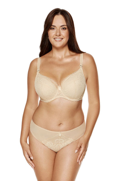 Stiffened lace nursing bra with pockets for lactation pads