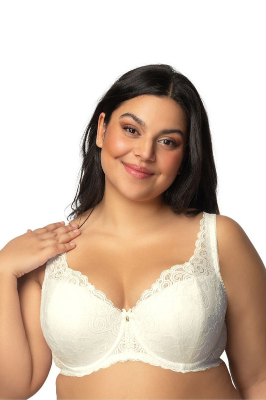 “Natalie Big lace bra with wide decorative strap and full bust support, front view”