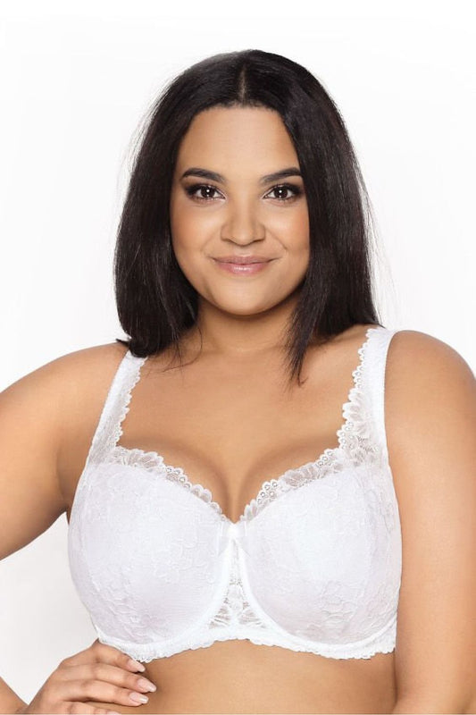 “Phenomenal Carmela plus size white lace bra with wide decorative strap, front view”